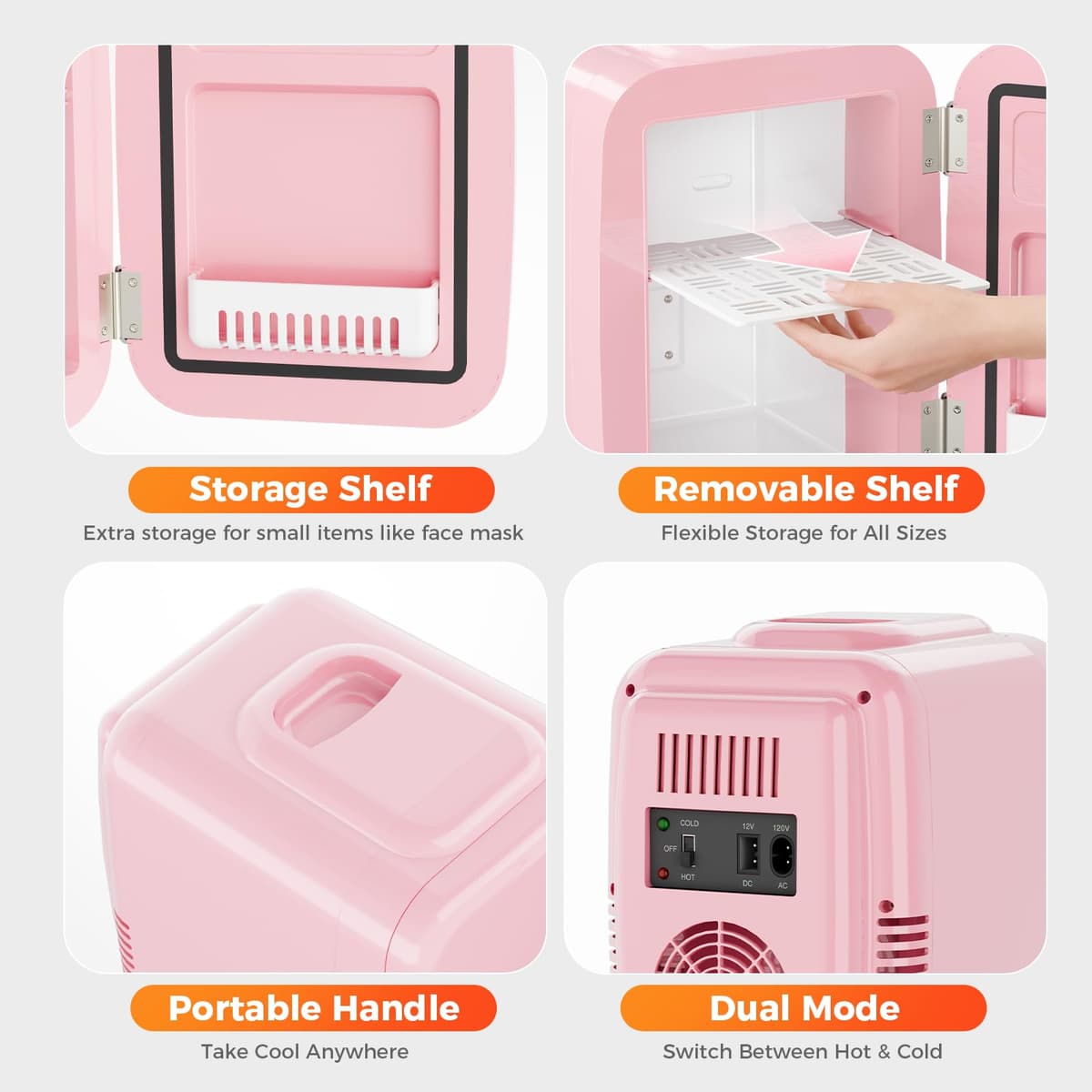 YASHE Mini Fridge, 4 Liter/6 Cans Portable Cooler and Warmer, AC/DC Power Small Fridge, Quiet Desk Skincare Fridge for Beauty Drinks Medicine, Mini Fridge for Bedrooms Office Dorm Car Travel, Pink — view 3