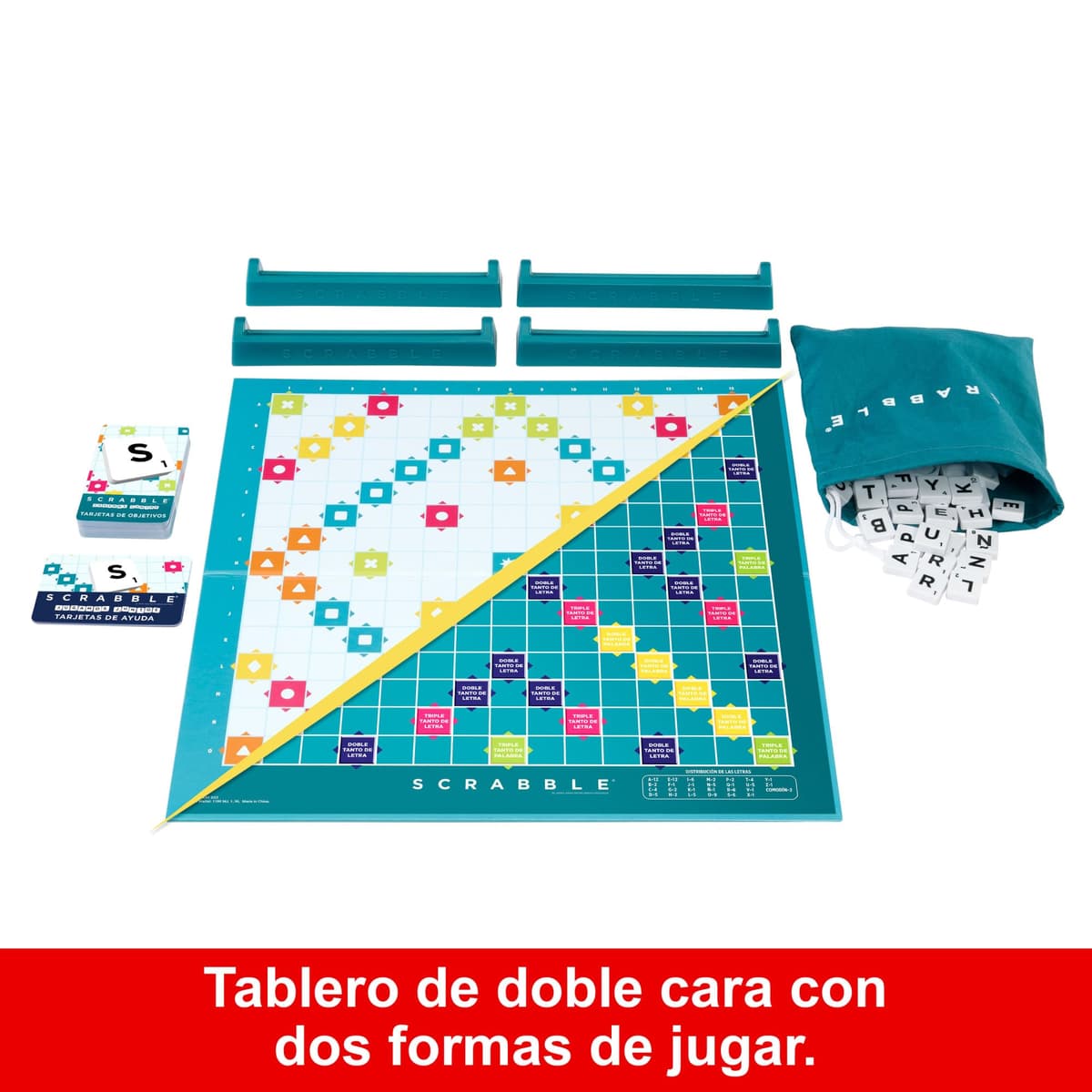 Mattel Games Scrabble 2 Juegos en 1 , juego de mesa familiar, palabras cruzadas, incluye tablero con 2 caras, 50 tarjetas con objetivos , 2-4 jugadores , +10 años, versión español (HXV99) — view 5