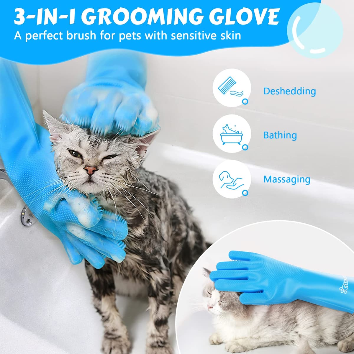 Pecute Pet Grooming Gloves - Heat Resistant Silicone Gloves with High-Density Teeth, Enhanced Five Finger Design for Bathing and Massaging Dogs and Cats, Blue — view 2