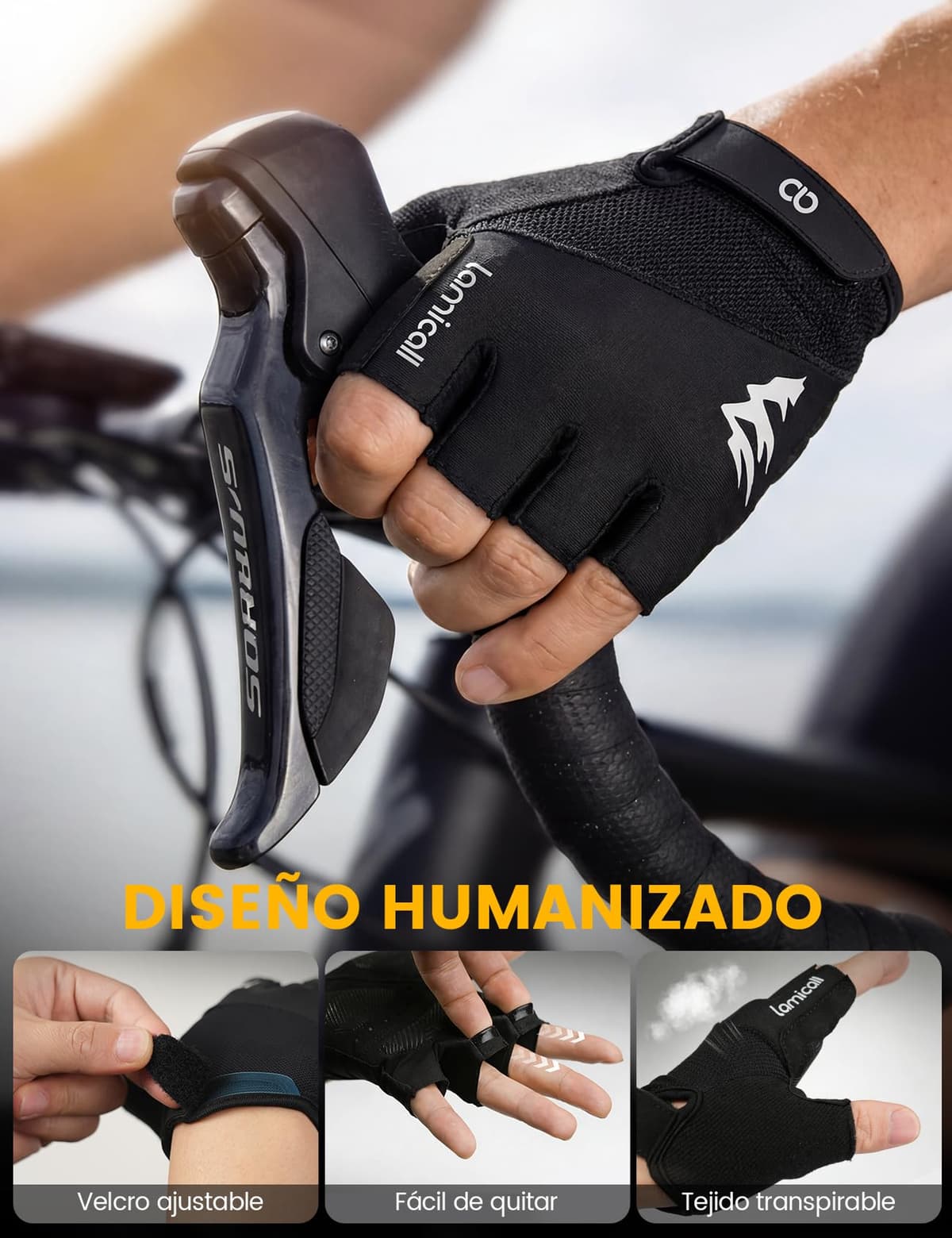 Lamicall Guantes de Ciclismo de Medio Dedo para Hombre y Mujer, Guantes de Gimnasio - [Amortiguador & Transpirable] Secado Rápido, Guantes MTB, Guantes de Verano para Bicicleta Montaña, Moto, Gimnasio — view 3
