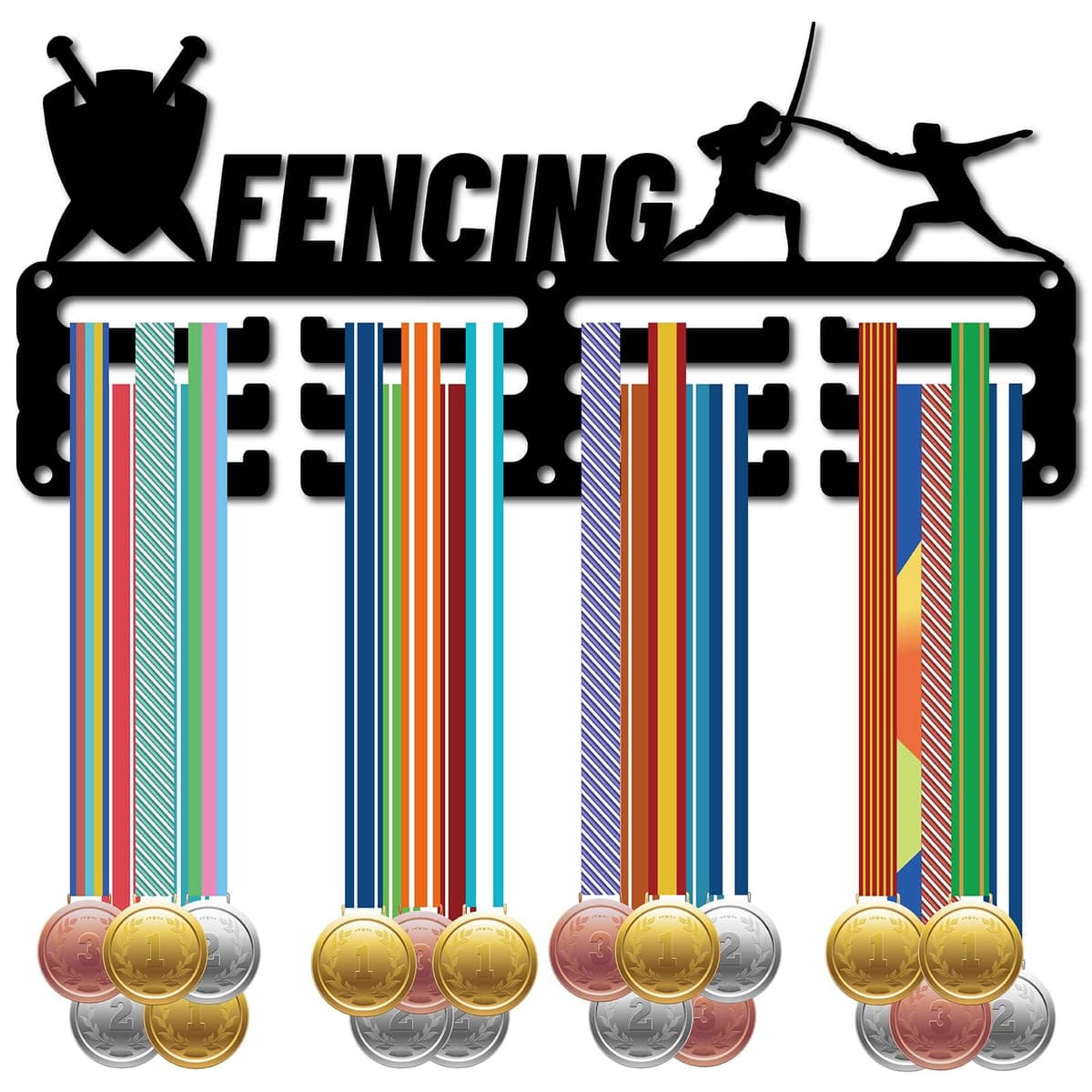 CREATCABIN Perchas para Medallas Esgrima,Soporte para Medallas,Estante Exhibición para Deportes,Premios Colgantes Metal,Hierro,Decoración Montaje Pequeño para Pared,Hogar,Carrera,Correr,Negro,29x13cm