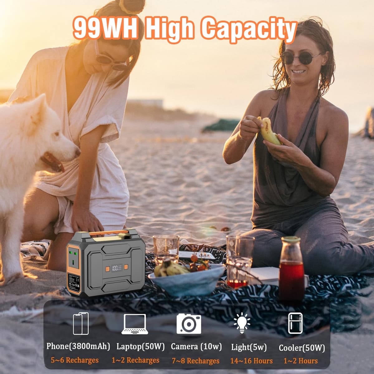 Powkey 100W Portable Power Station 99Wh/ 27000mAh Camping Power Pack,Solar generator with AC/DC/USB/Type C Outlet for Outdoors Camping Travel Fishing Emergency Power Supply Backup Orange — view 2