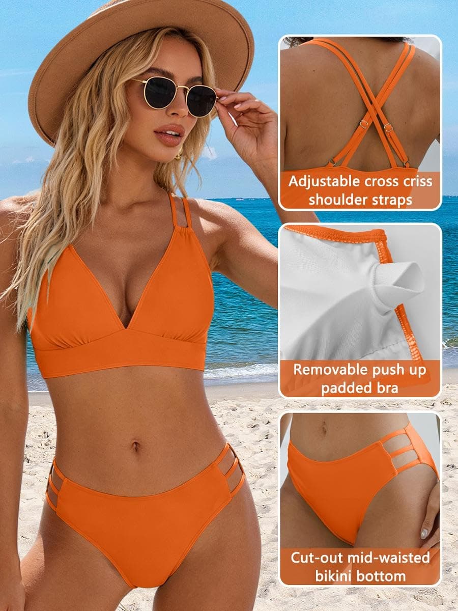 Joligiao Mujer Bikini Sexy Traje de Baño 2 Piezas Cuello en V Bikinis Brasileño con Triángulo Bañadores Bikini Top y Braga Cintura Alta Conjunto de Bikinis Playa — view 4