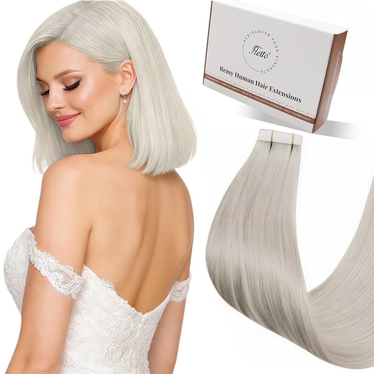 Hetto Tape in Hair Extensions Human Hair Platinum Blonde - Invisible Tape in Human Hair Extensions, Reusable Easy Wear Seamless Tape Ins 20pcs 30g 12 Inch #60 White Blonde