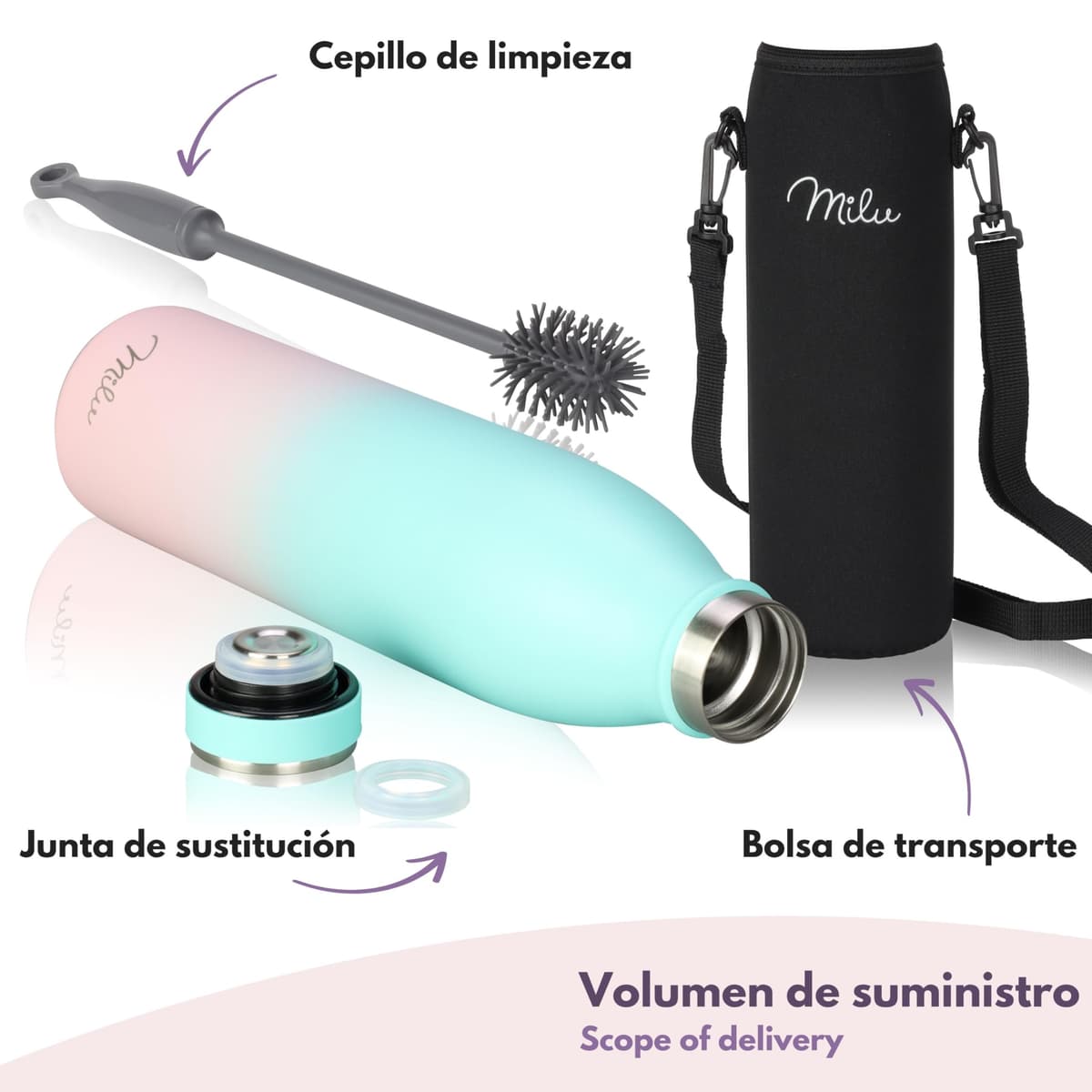 Milu Botella de acero inoxidable de 350ml 500ml 750 ml 1 L 1,5 L botella de agua aislada, termo a prueba de fugas, doble pared, apta para ácido carbónico + cepillo de limpieza (Azul Violeta, 350ml) — view 19