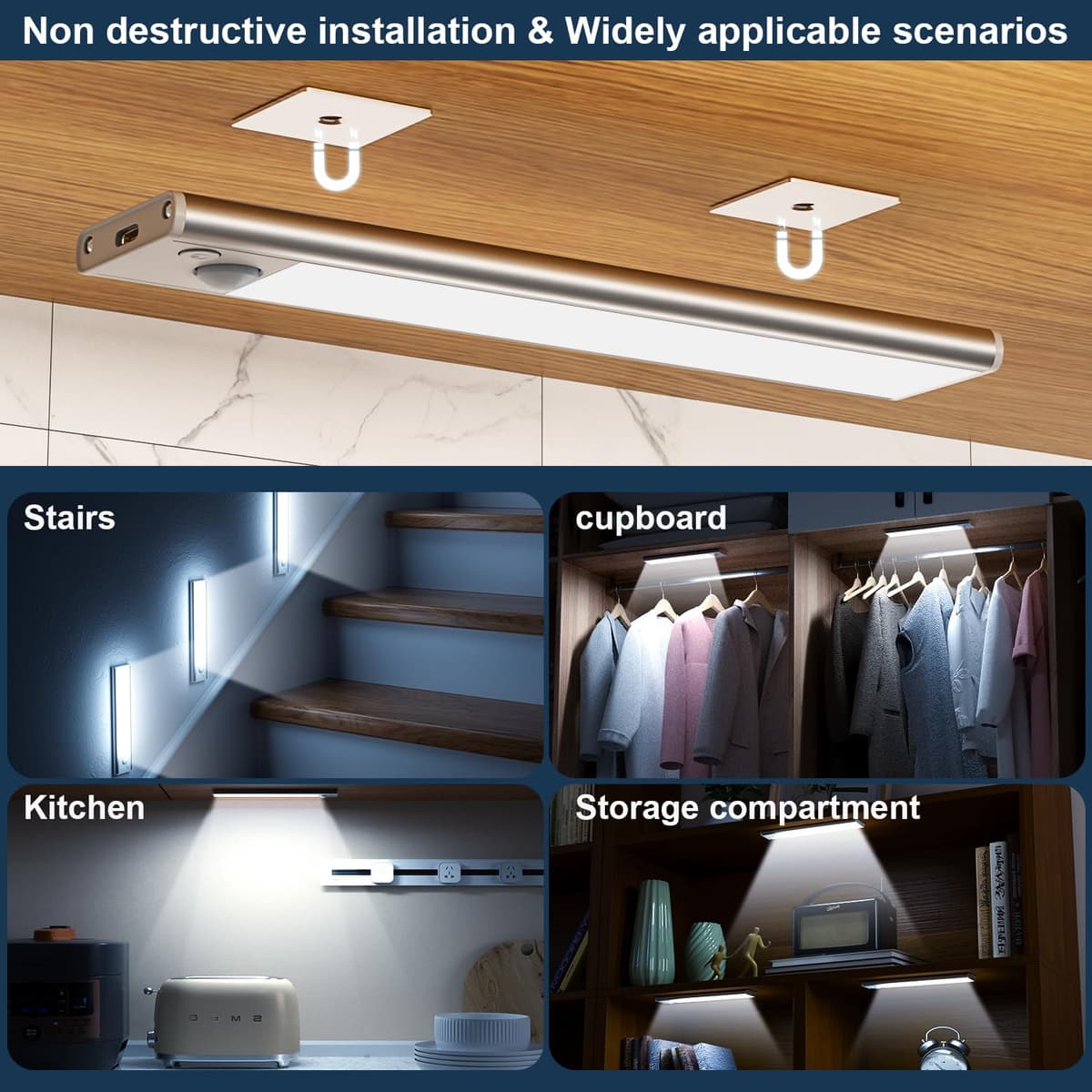Under Cabinet Kitchen Lights Cupboard - LED Motion Sensor Light Indoor - 1100mAh Rechargeable Battery Operated - Wardrobe Strip Lighting Magnetic Stick Wireless USB Powered Shelf Stairs Counter Closet — view 8