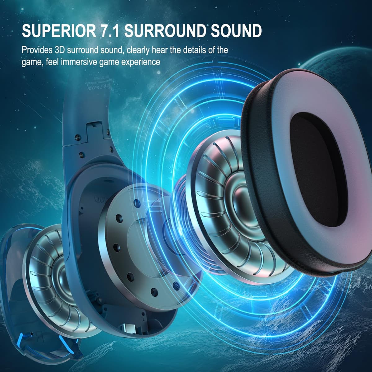 PHOINIKAS Cascos Gaming Inalámbricos para PC/PS5/PS4, Auriculares Gaming Inalámbricos de 2,4GHz USB Wireless+Bluetooth 5.3, Baja Latencia Calidad de Sonido 7.1 sin Pérdidas, 30+ Horas, Luz LED (Azul) — view 4
