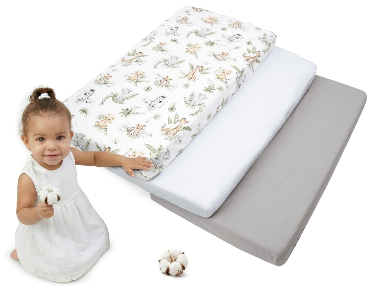Medi Partners Sabana Bajera Cuna 60x120 Set de 3-100% Algodon Sabanas de Algodón Bebe Ropa de Cama para Bebés Dormir Cuna Fitted Bed Sheet Protector (Safari-Blanco-Gris)