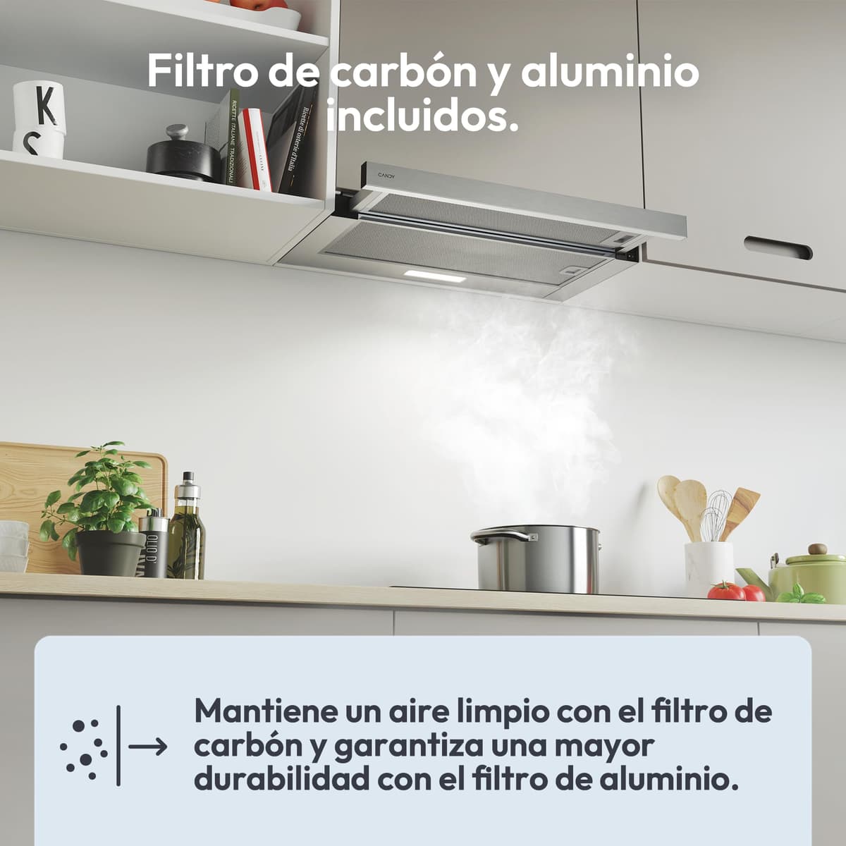 Candy CBT6130/3X, Campana Telescópica 60 CM, 2 Niveles de Potencia, 125W, 264M3/H, Filtros de Carbono, Panel Aluminio Antigrasa, Iluminación LED, 53/60DB, Acero Inoxidable — view 3