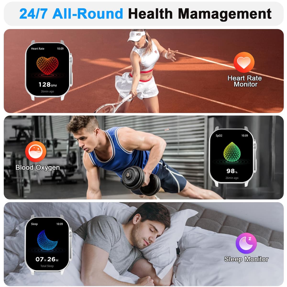 Smart Watch for Men Women Answer/Make Call, 2.01" AMOLED Curved Fitness Watch with Heart Rate/Sleep/Stress Monitor, 2026 New Smartwatch with 110+ Sport Modes, IP68 Activity Tracker for Android iOS — view 5