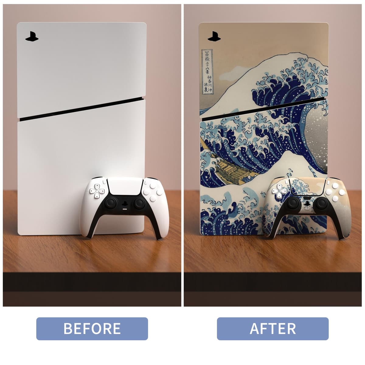 playvital Full Set Skin Sticker for ps5 Slim Console Digital Edition (The New Smaller Design), Vinyl Skin Decal Cover for ps5 Controller & Headset & Charging Station & Media Remote - The Great Wave — view 3