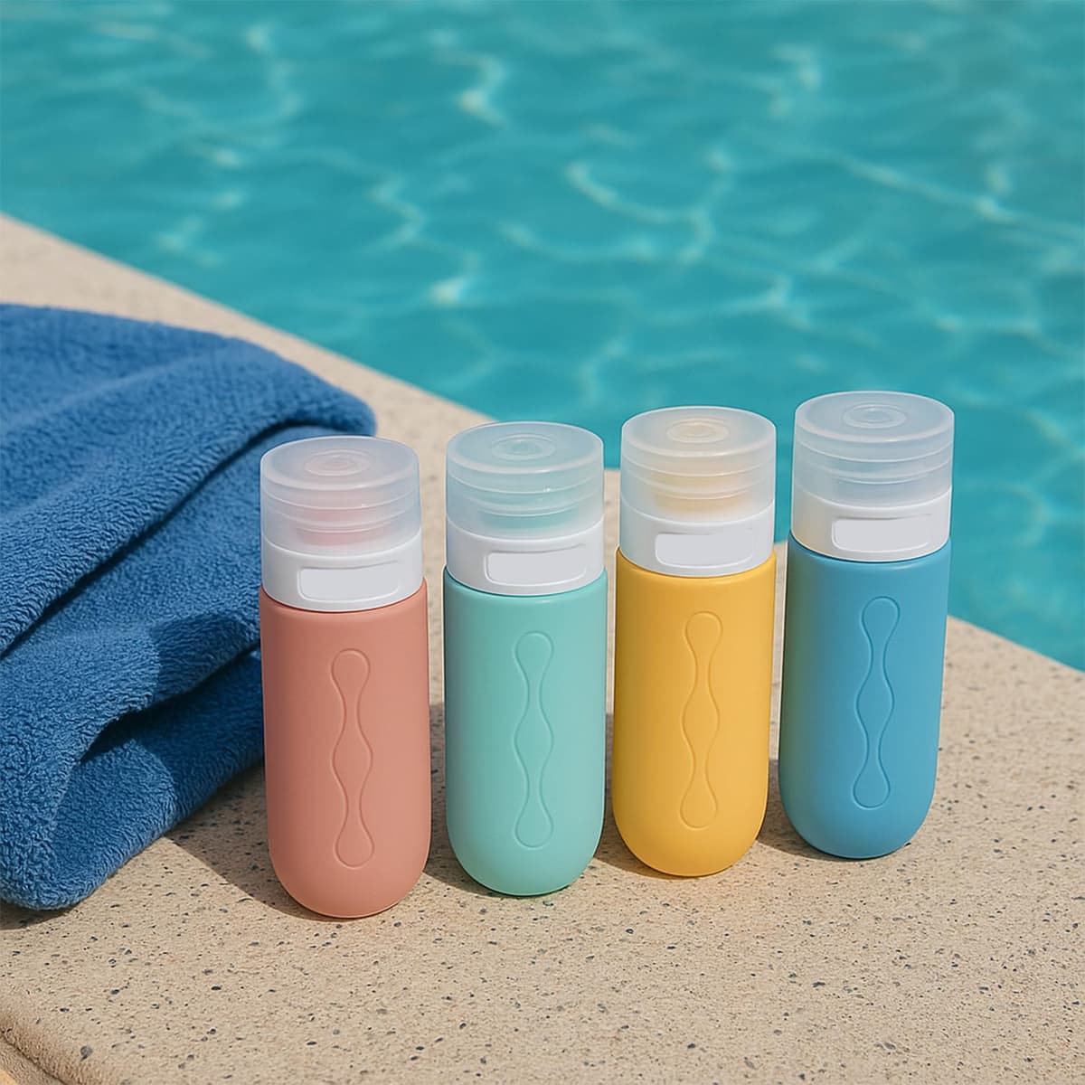 BEPER C302AAC010 Set of 90 ml Silicone Travel Bottles (4 Pieces) Shampoo and Cream Containers with Transparent Case, Leakproof, Ideal for Airplanes and Gym