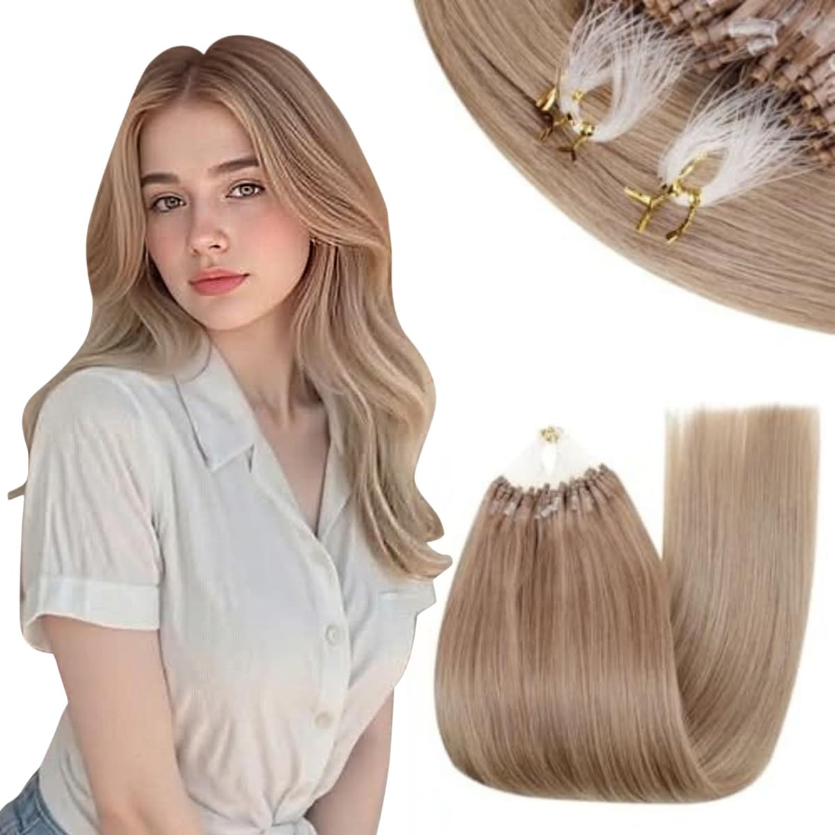 RUNATURE 18 Inch Nano Beads Hair Extensions Real Human Hair Ice Blonde Nano Hair Extensions Real Human Hair White Blonde Invisible Nano Rings Straight Remy Hair 50g 50s #800 — view 60