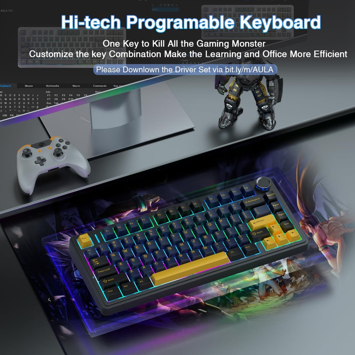 AULA F75 75% Wireless Mechanical Keyboard,2.4Ghz/Type-C/BT5.0 Gaming Keyboards,Advanced Structure,RGB Backlight,Hot Swappable Custom Keyboard for PC/Mac (Cool Black) — view 5