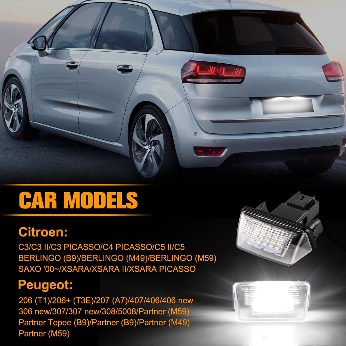 Luces LED Matrícula para 206 207 407 406 306 307 308 5008, Luz Matrícula para Citro-en C3 PICASSO C4 C5 BERLINGO B9 M49 M59 SAXO XSARA, LED Matrícula 2 Piezas Canbus — view 2