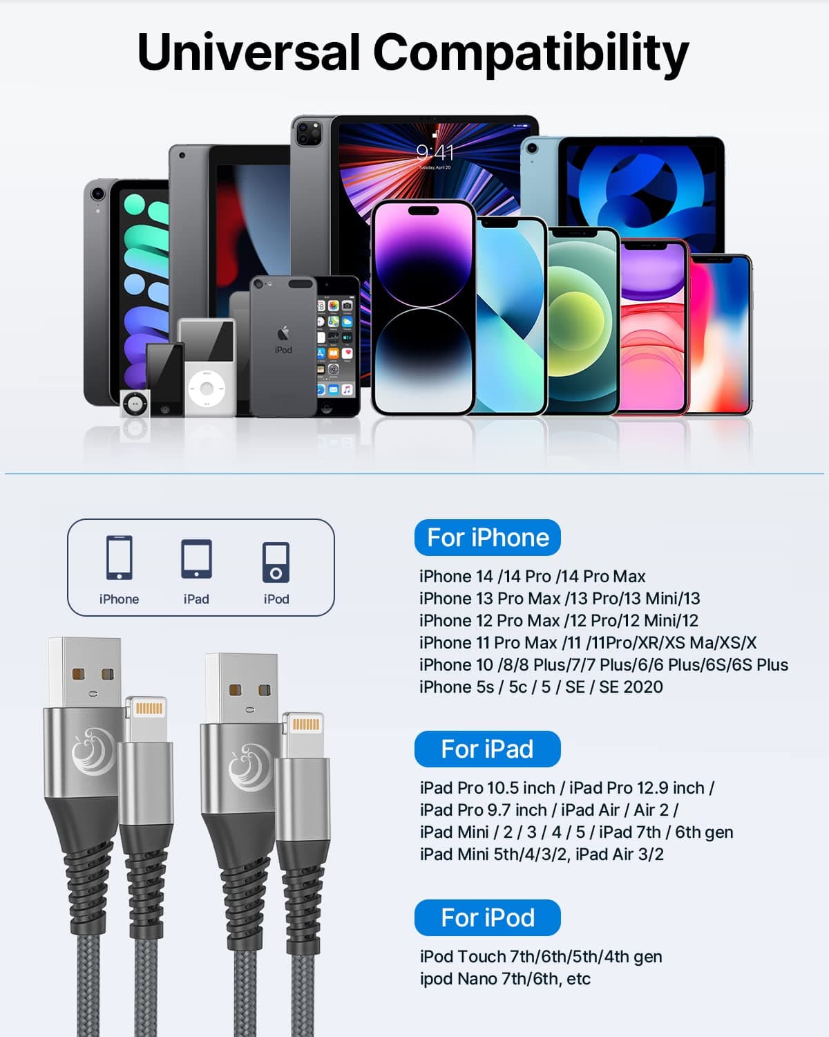 2Pack 2M iPhone Charger Cable, MFi Certified Lightning Cable Fast Charging Braided iPhone Charger Fast Charge USB Charging Lead for Phone 14 13 12 11 Pro Max XS XR X 8 7 6 Plus 5 SE, iPad and iPod — view 5