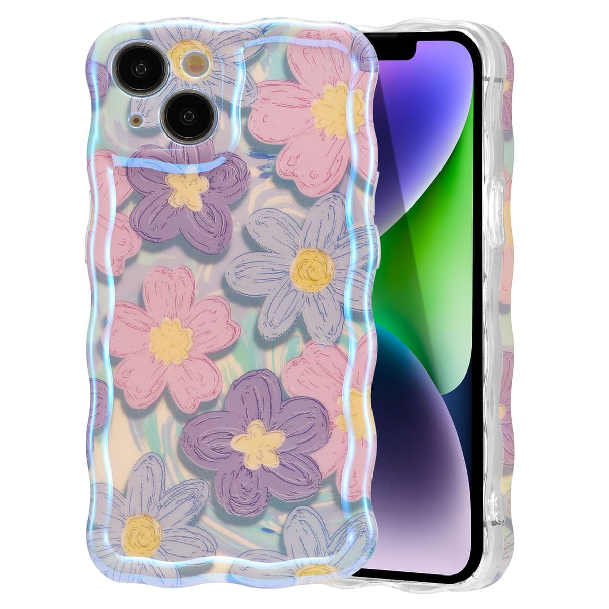 EYZUTAK Case for iPhone 16, Colorful Retro Oil Painting Printed Flower Laser Glossy Pattern Cute Curly Wave Edge Exquisite Phone Cover Stylish Durable TPU Protective Case for Girl Women-Green — view 94