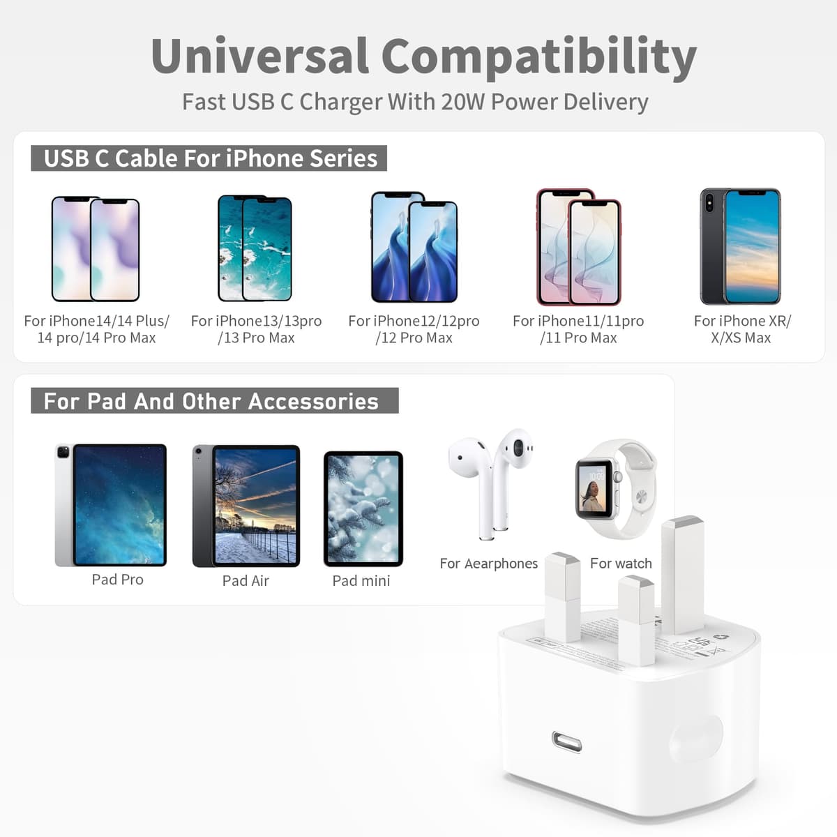 20W USB C Fast Charger With 2M Cable for iPhone 14/14 Plus/14 Pro/14 Pro Max/13 12 11 X XR XS SE 2020 8 7 6 6S Mini, Pad Pro, USBC PD Wall Charging Plug UK Type C Power Adapter and 6FT Cord — view 7