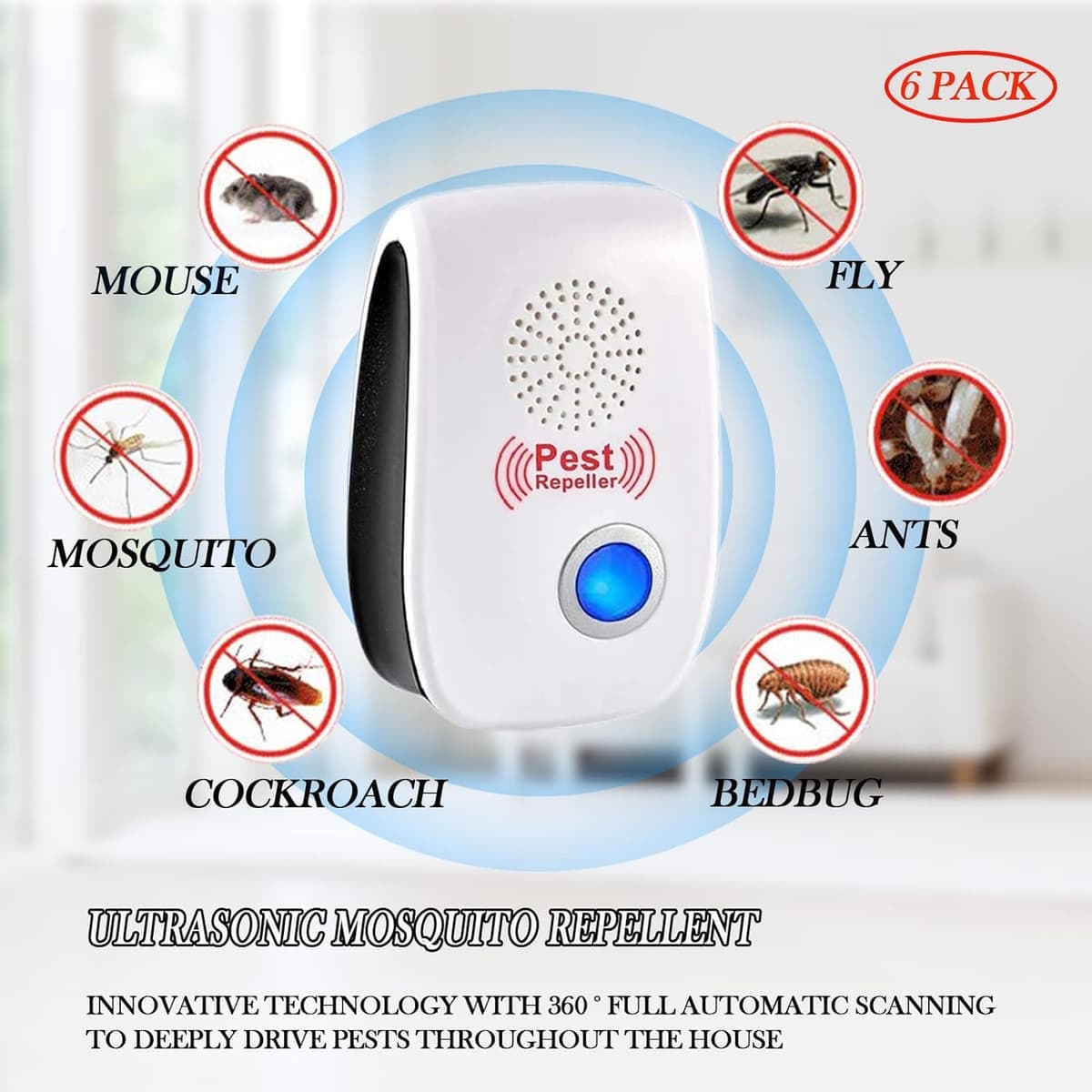 Repelente Ultrasónico Mosquitos, 6 Pack Electrónico Repelente Mosquitos Control de Plagas, Repelente Ultrasónico de Plagas para Anti Mosquito, Moscas, Ratones, Cucarachas, Arañas, Roedores — view 2