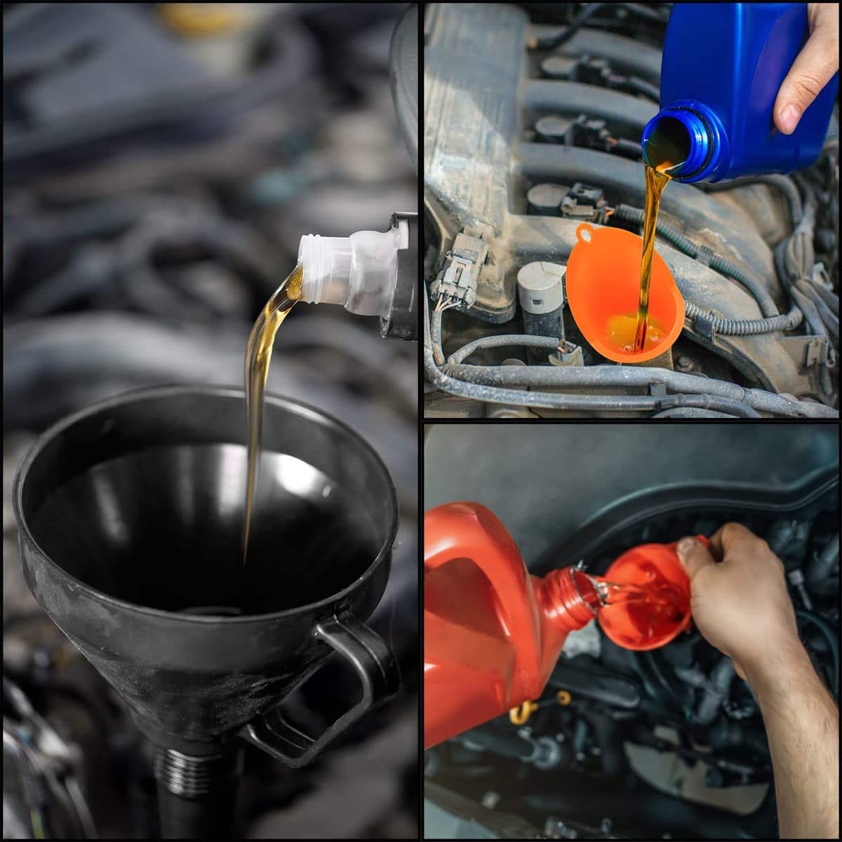 3 Pcs Right Angle Flexible Plastic Funnel Set, Universal Car Gasoline Fuel Petrol Engine Funnel with Detachable Spout and Long Mouth Funnels for Motorcycle Car Automotive (Red/Orange/Black-3PCS) — view 7