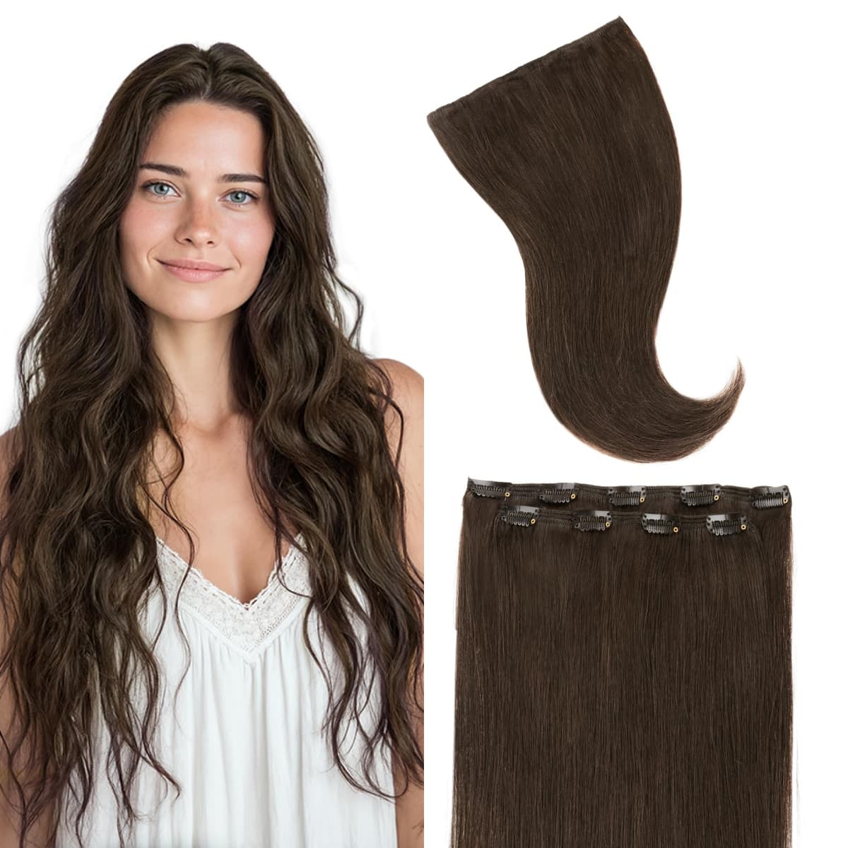 GOO GOO Clip in Hair Extensions Human Hair, 18inch 150g 9Pcs, #2 Dark Brown, Hair extensions for women, Human Hair Extensions Clip in — view 147