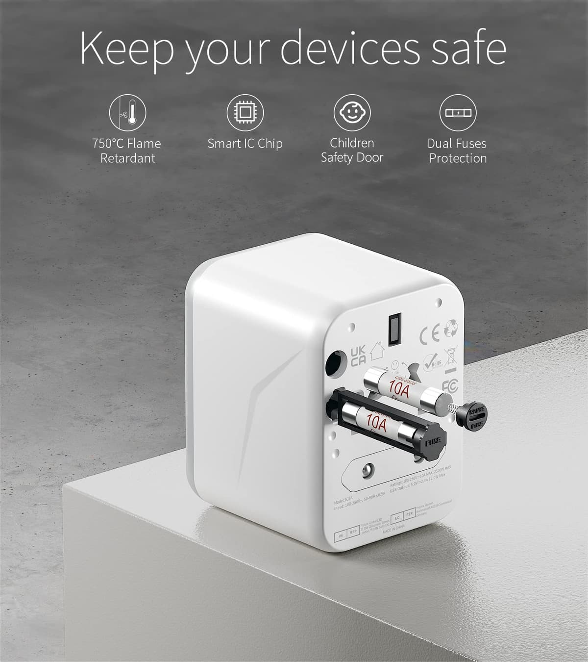Worldwide Travel Adapter with USB, FSTravelP Universal Plug Adapter with 2 USB & International AC Socket, Dual 10A Fuses, All In One Travel Plug Adapter Worldwide for USA UK EU AU CN 150+ Countries — view 4