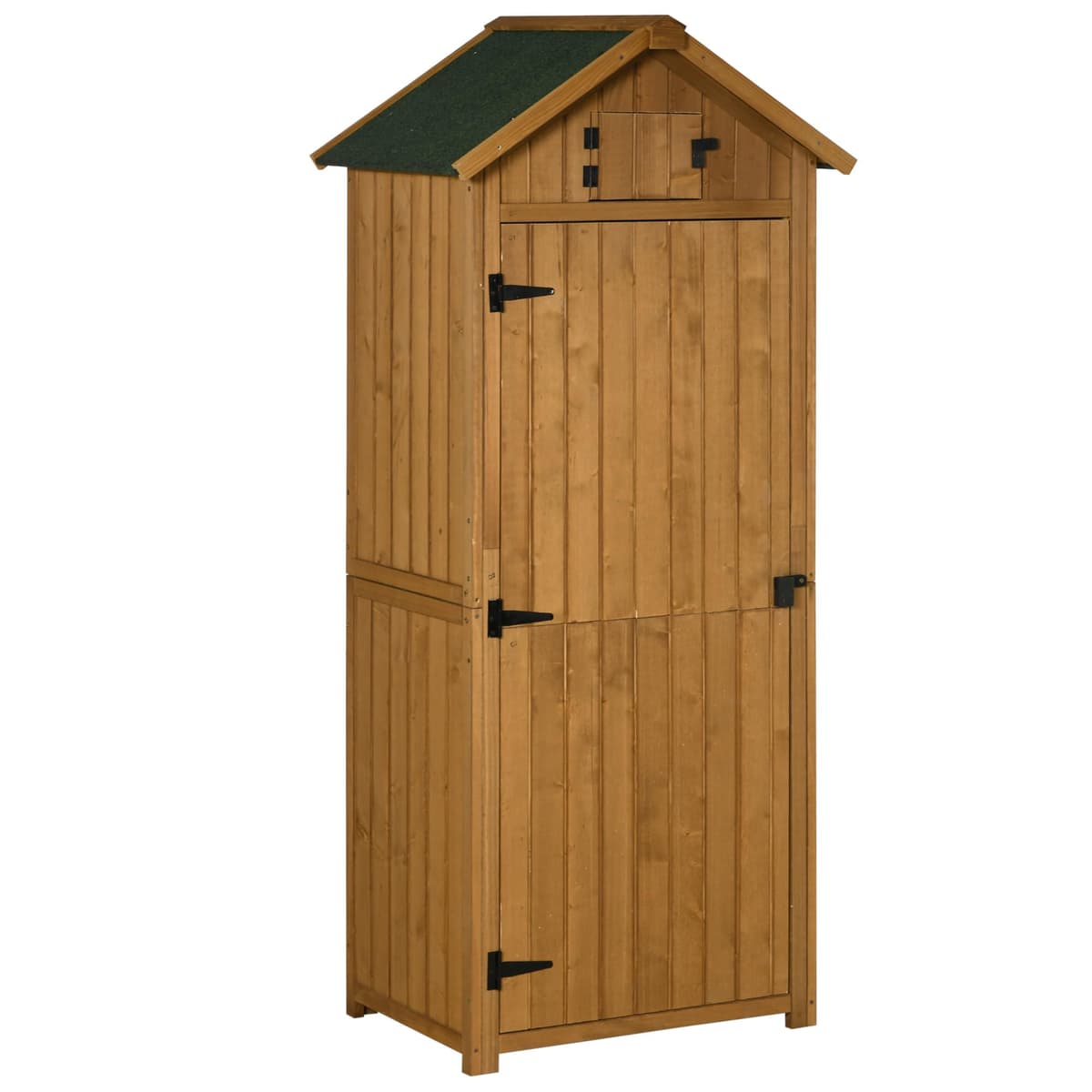 Outsunny Armario de Jardín de Madera 77x54,2x179 cm 0,3 m² Cobertizo para Almacenaje de Herramientas con 3 Estantes y 2 Puertas con Cerrojo para Patio Terraza Natural y Verde