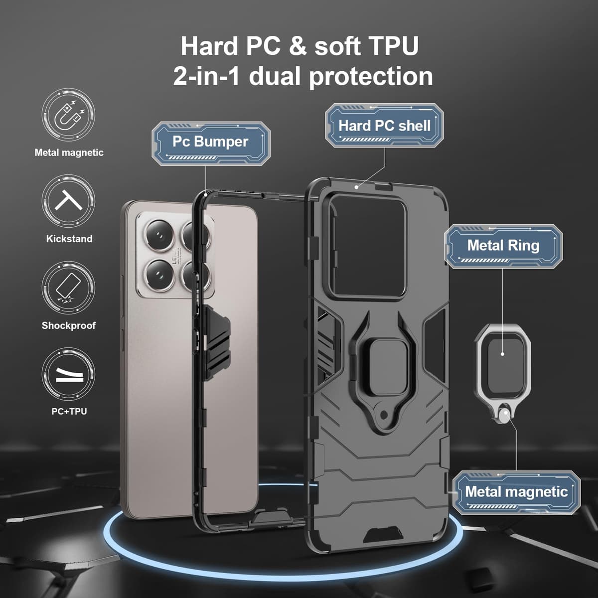 Funda para CMF Phone 2 Pro, Carcasa Antigolpes con Soporte anular metálico, Case Protectora de Grado Militar, Negro — view 596