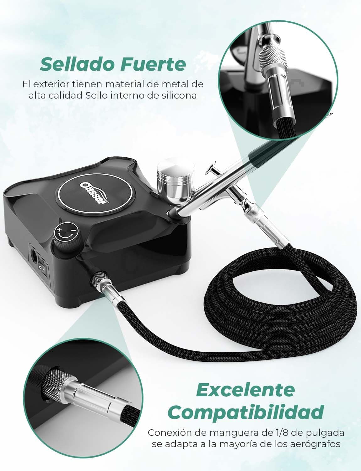 Oasser Kit Aerógrafo con Compresor Profesional Airbrush 36PSI Doble Acción Juego Pistola Regulación Voltaje Continua Modelos Decoración Tartas Uñas — view 6