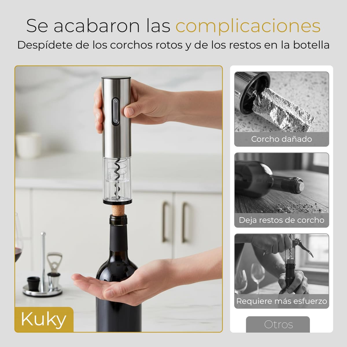 Kuky Cuisine Sacacorchos Eléctrico Recargable para Vino con Cortacápsulas, Tapón de Vacío y Anillo Antigoteo, Set Abridor en Caja Regalo — view 4