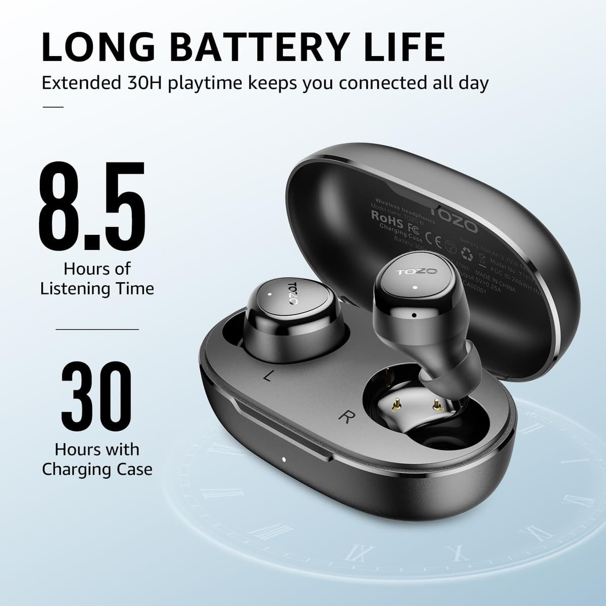 TOZO E1 Wireless Bluetooth 5.3 Headphones with ENC Calls Ultralight EQs Adjustment 30H Playback USB Type C IPX6 Black — view 3