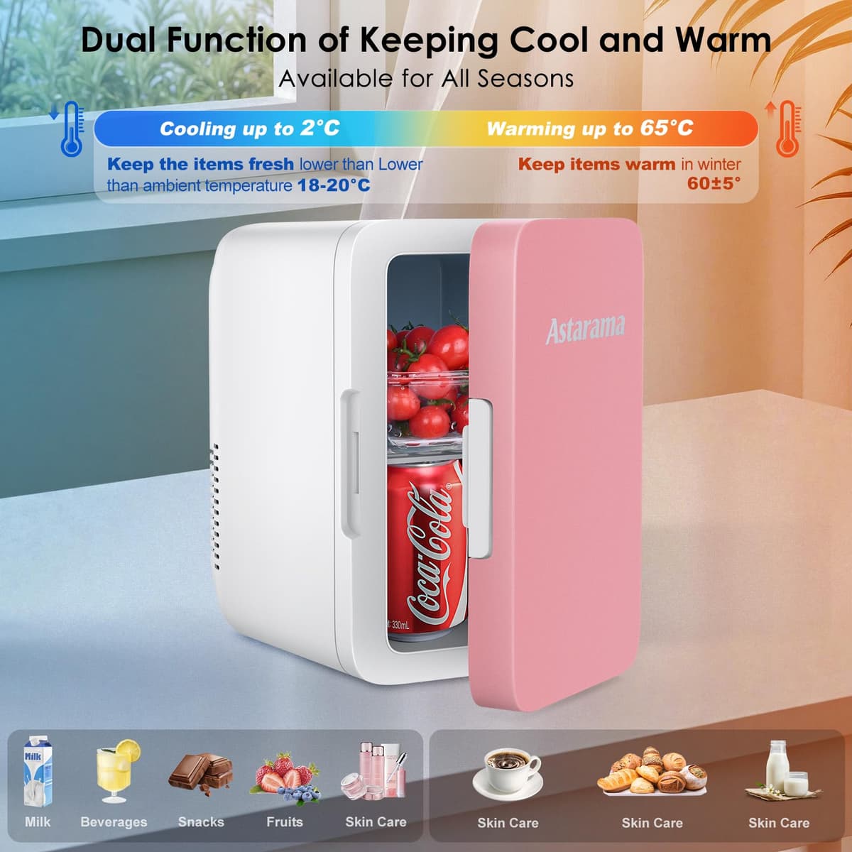Astarama Nevera Pequeña,6 Litros/8 Latas, 220V AC/12V DC, Enfriador y Calentador Termoeléctrico, Mini Nevera Compatible Coche y Caravanas.Mini Frigorifico Para Bebidas, Cosméticos. (Rosa) — view 5