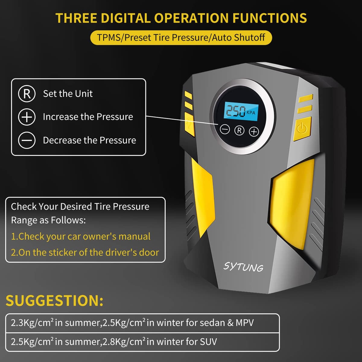 SYTUNG Digital Tyre Inflator, Portable Air Compressor Car Tyre Pump with 3 Nozzle Adaptors and Digital LED Light, 12V Rapid Tyre Inflator Air Compressor for Car Tires and Other Inflatables — view 2