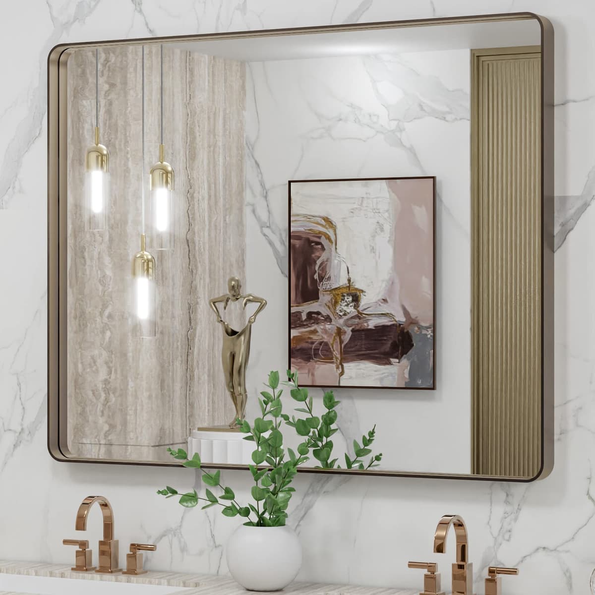 LOAAO 48”X36” Gold Bathroom Mirror, Rounded Rectangle Gold Frame Mirror, Brushed Gold Bathroom Vanity Mirror Wall-Mounted, Anti-Rust, Tempered Glass, Hangs Horizontally or Vertically — view 47