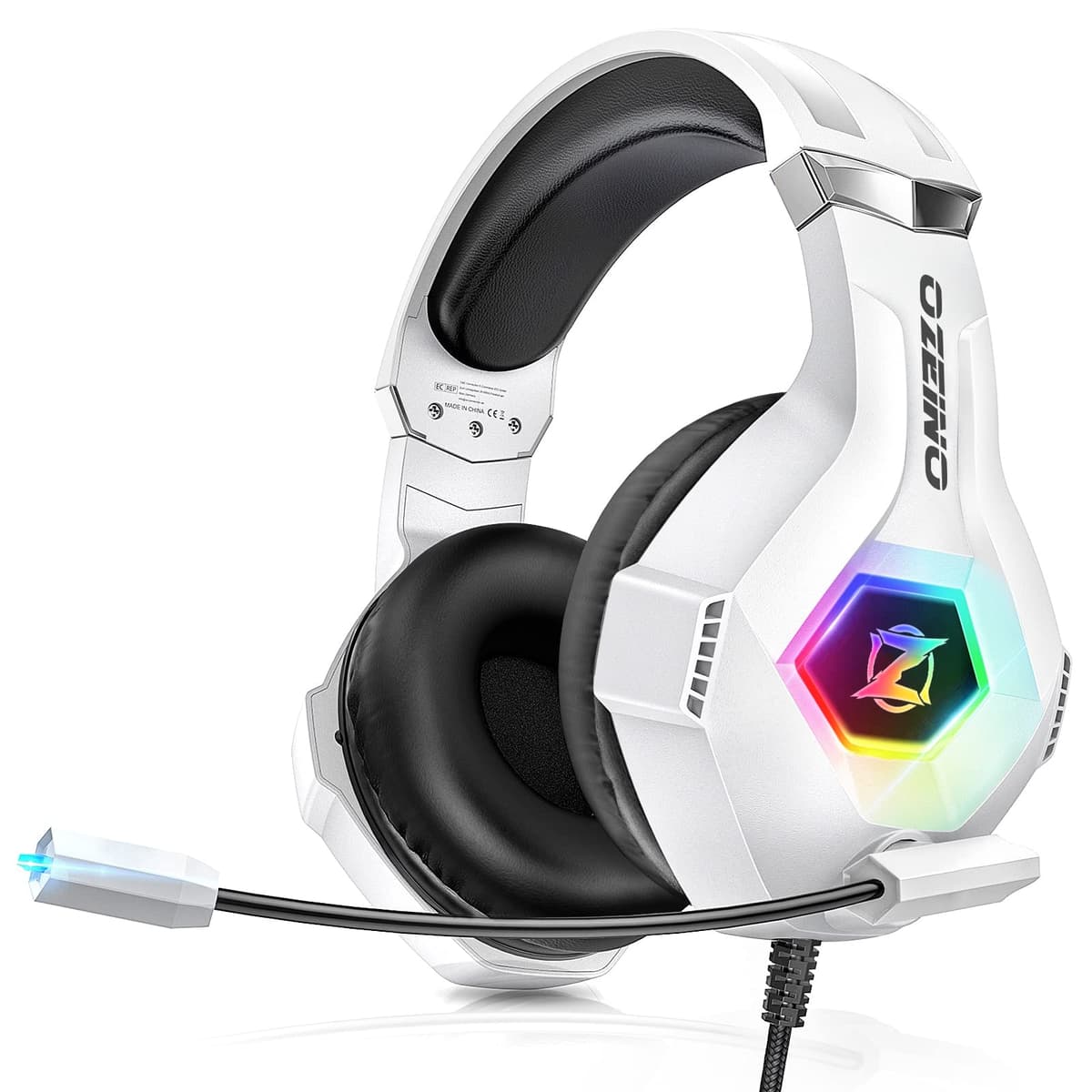 Ozeino Gaming Headset for PS5 PS4 PC, Over-Ear Headphones with Surround Sound & RGB Light for Xbox one Switch Mac Laptop (white)
