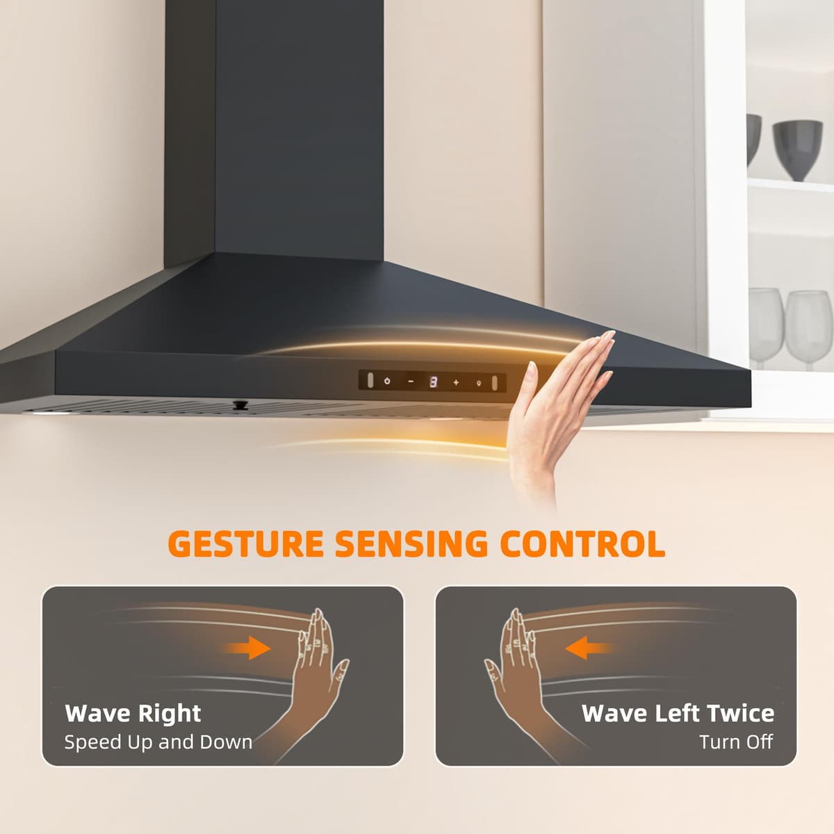 FIREGAS Black Range Hood 30 inch, 450 CFM Wall Mount Range Hood with Ducted/Ductless Convertible, Gesture Sensing Control & Touch Control Kitchen Hood Vent, Baffle Filters, Charcoal Filters — view 3