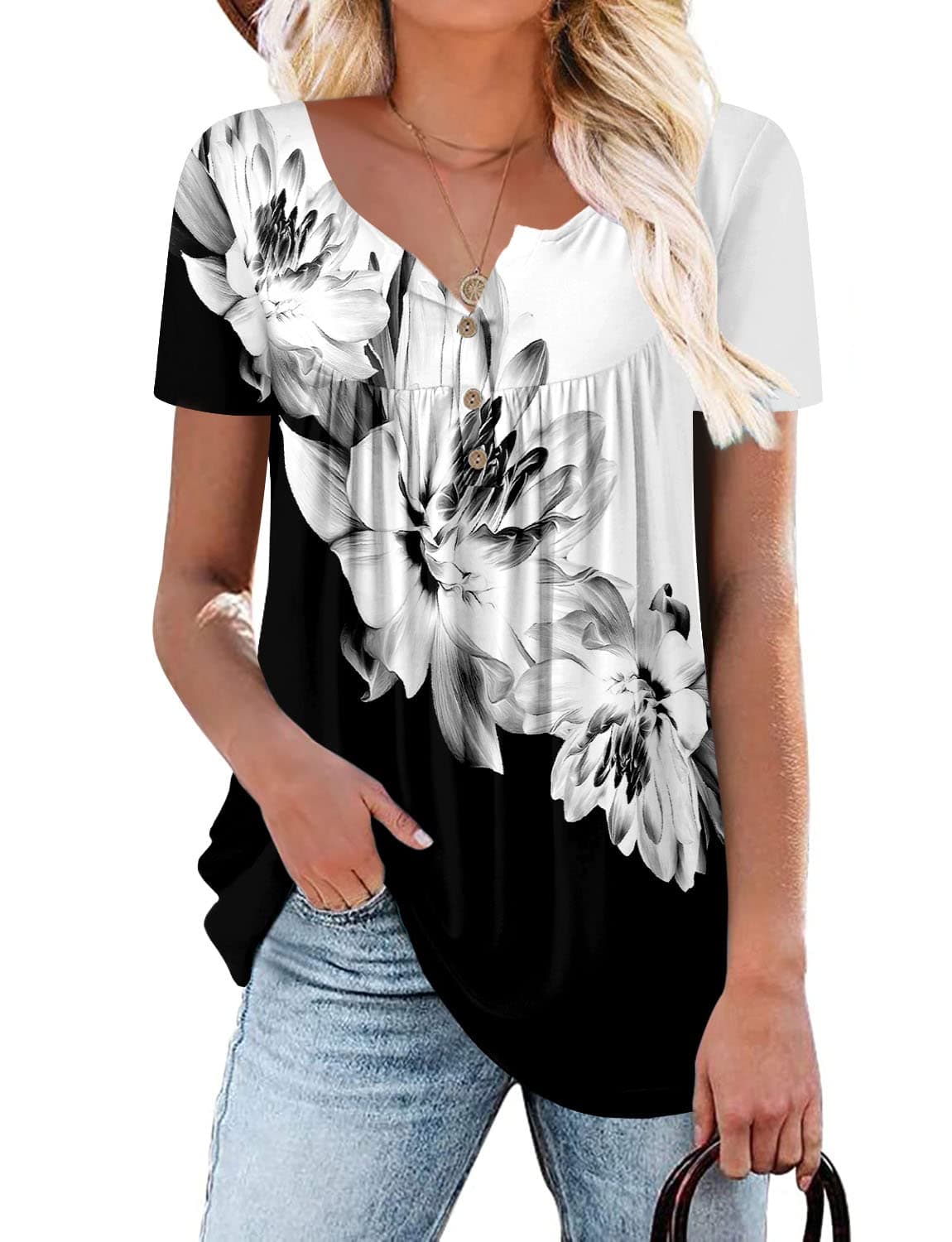 KISSMODA Ladies Pleated Tunic Tops for Women Buttons up Long Sleeve Shirts Floral Print — view 39
