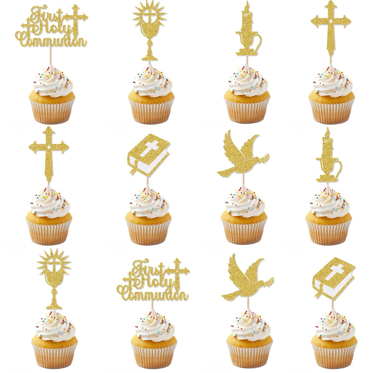 12 Pcs First Holy Communion Cake Glitter Topper, Christian Christening Cake Topper, Holy Communion Decorations, Gold God Bless Dove Cross Cakes Topper for Baby Shower Christian Party Decoration Suppli