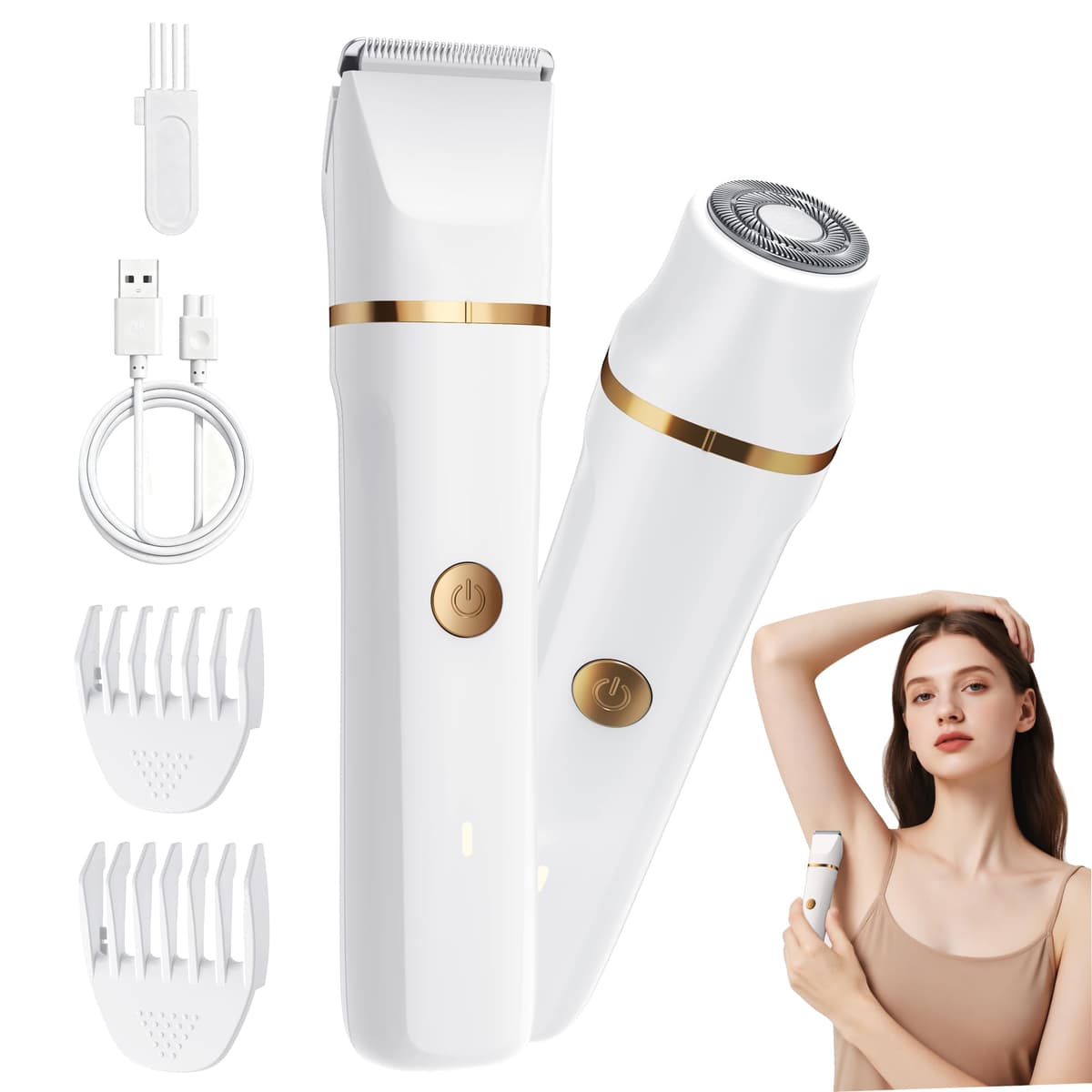 Lady Shavers for Women 3-in-1,Bikini Trimmer Woman IPX7 Waterproof,Nose Trimmer Rechargeable,Pubic Hair Trimmer for Women Wet and Dry,Painless Electric Foil Shaver for Body,Arms Legs Underarms, White — view 10