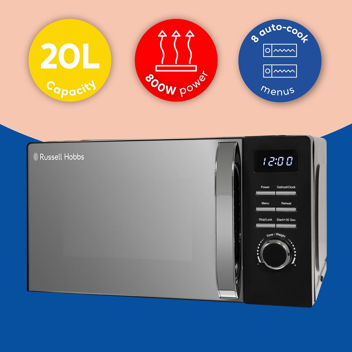 Russell Hobbs Digital Microwave 20L 800W in Black with 5 Power Levels, Pull Handle Door & Button Control, Clock & Timer, Automatic Defrost, Easy Clean, 8 Auto Cook Menus RHMD818B — view 3