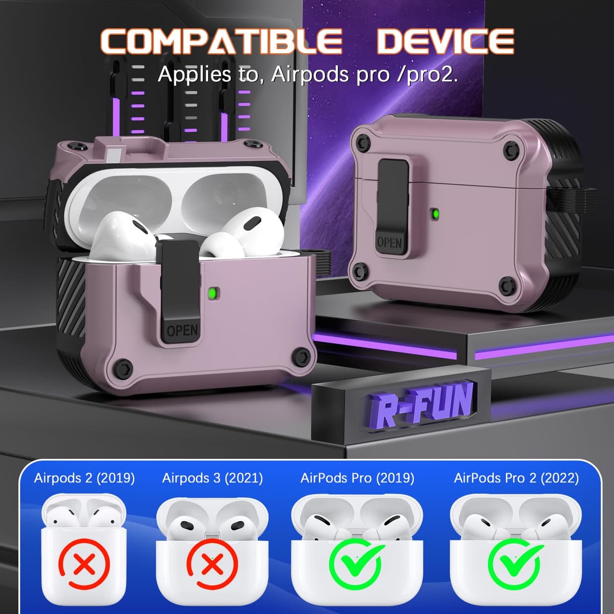 R-fun Compatible con AirPods Pro 2 Gen (Cubierta Auto emergente) con Kit de Limpieza, para Airpods Pro 2/1 Gen (2023/2022/2019), para Estuche Airpods Pro (USB-C/Lightning),Morado — view 5