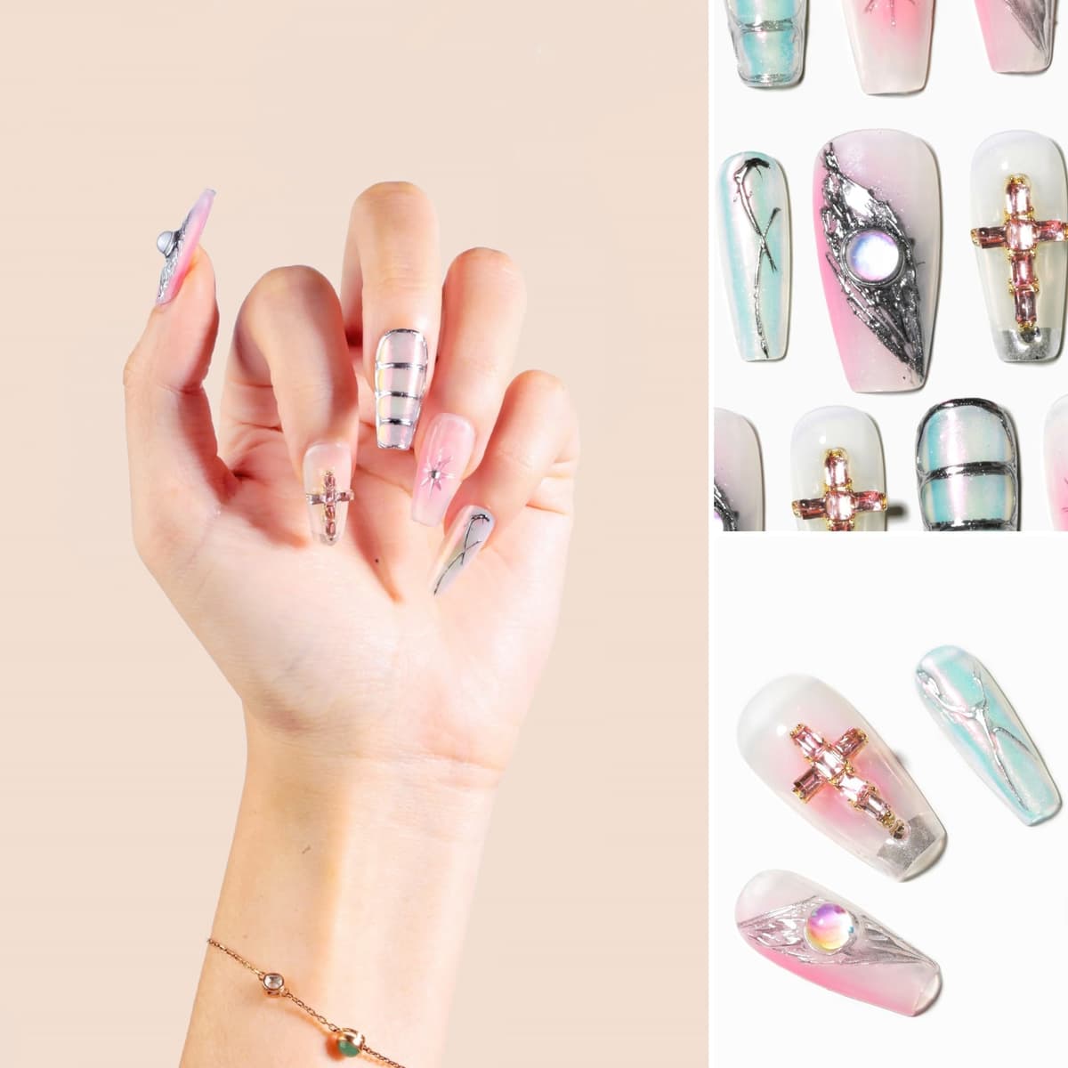 Sun&Beam Nails Handmade Press On Nail Long Coffin Ballerina Pink Flower Acrylic Fake Tip 3D Design Art Charms Cute with Storage Box 10 Pcs (S) — view 374