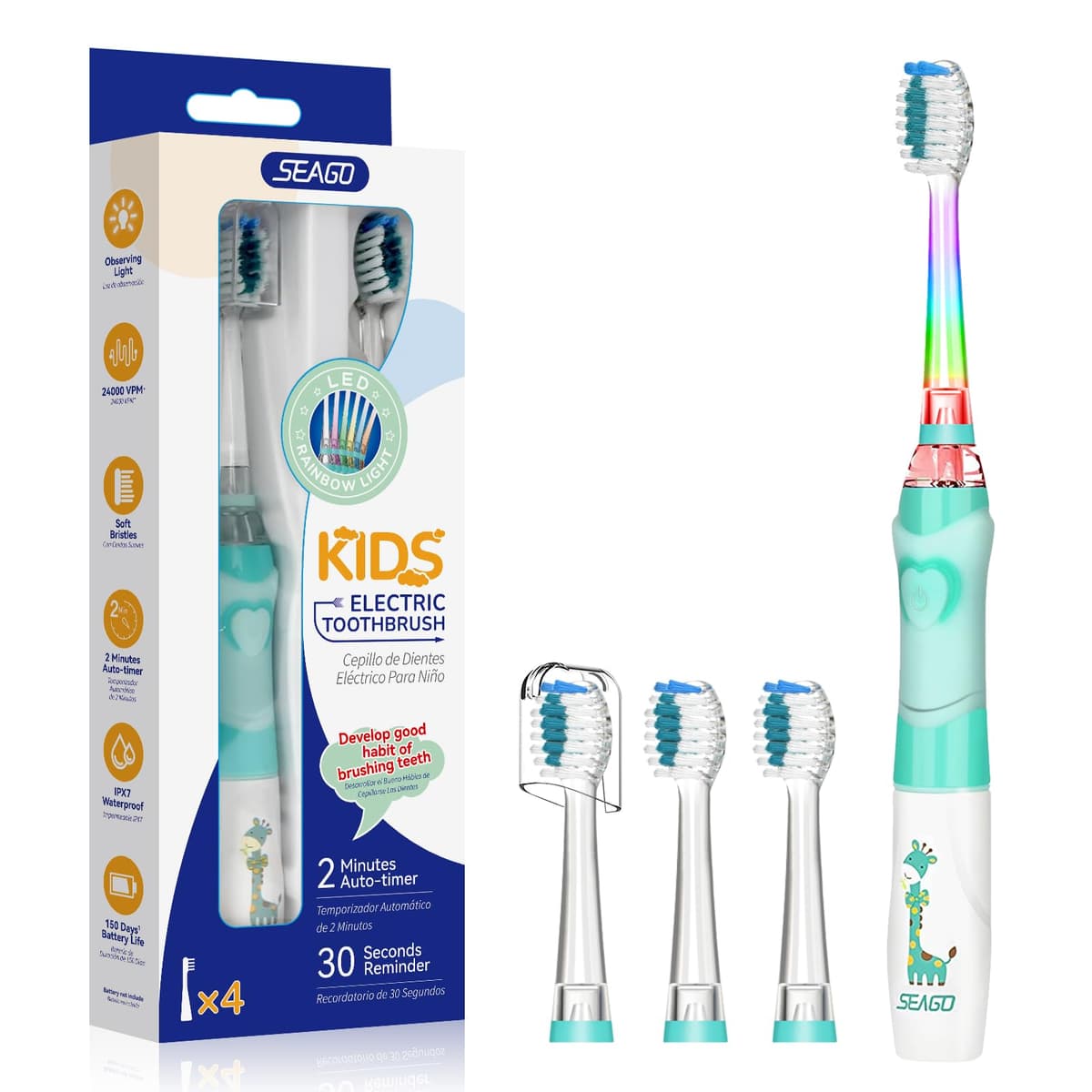 Seago Cepillo de Dientes Infantil Eléctrico Para Niños 3–12 Años Kids Con Luz de Colores,Temporizador Inteligente de 2 minutos,4 Cabezales Suaves SG-EK6/SG-977 (Rosa) — view 13