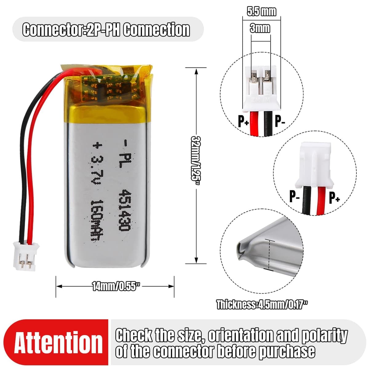 3.7V Lipo battery, 3.7V 160mAh 451430 Lithium Polymer Ion with 2P-PH connection with 2.0 mm pitch — view 4