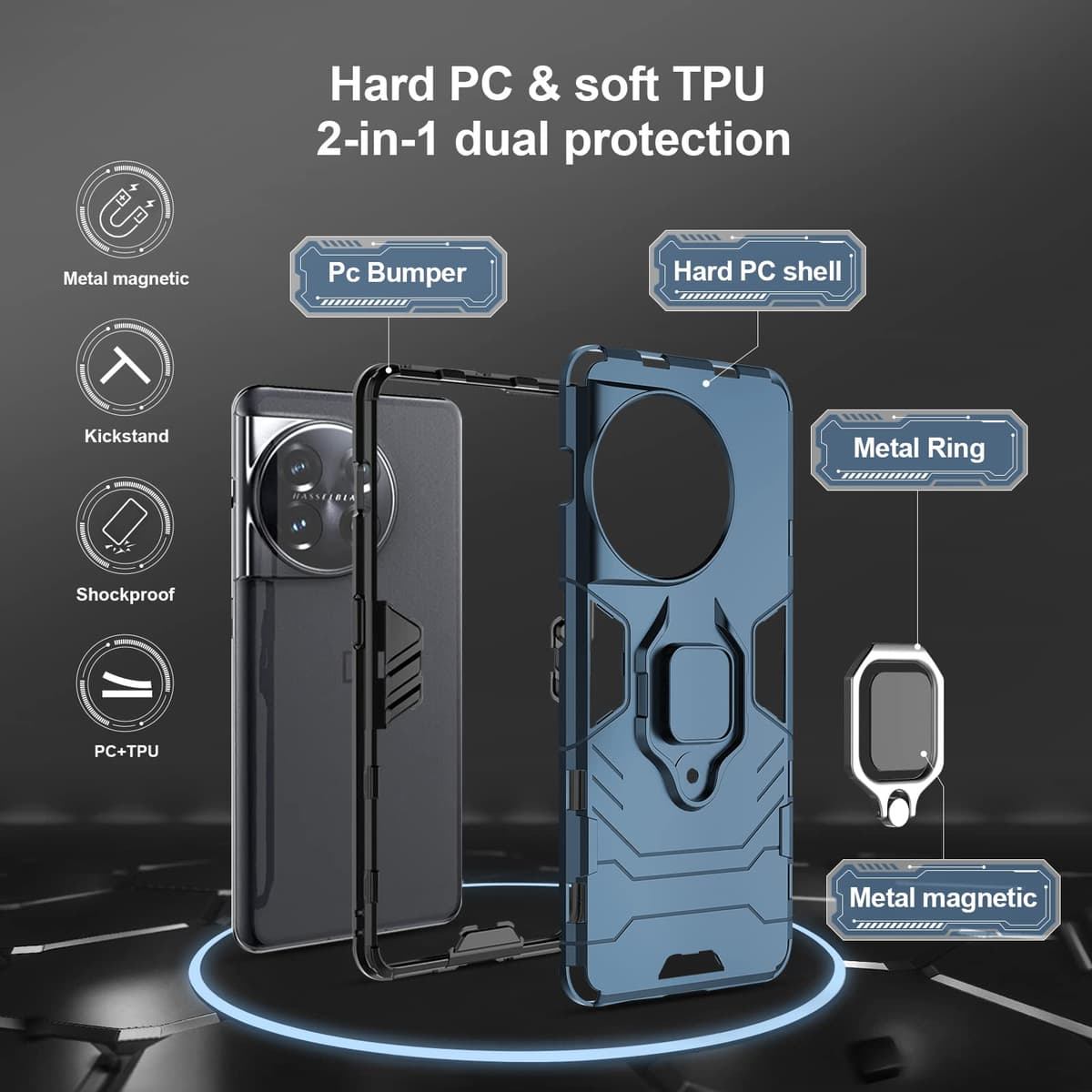 Funda para CMF Phone 2 Pro, Carcasa Antigolpes con Soporte anular metálico, Case Protectora de Grado Militar, Negro — view 1553