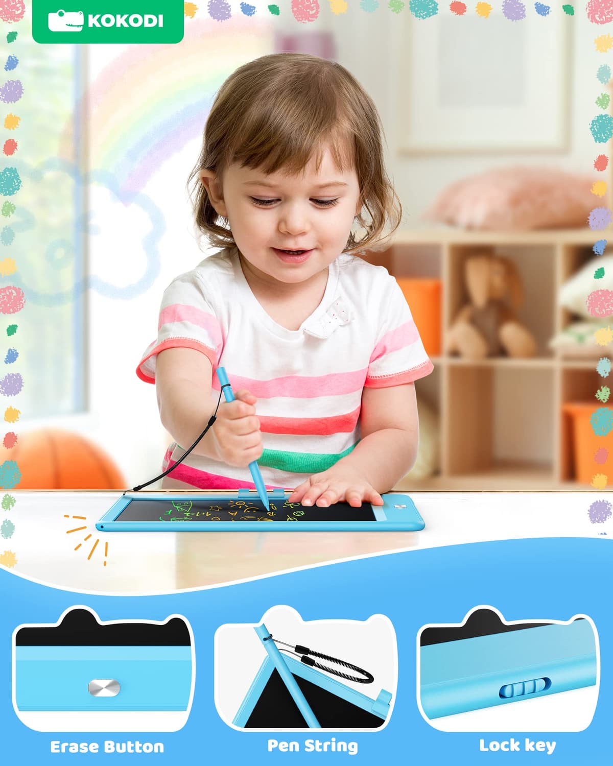 KOKODI LCD Drawing Tablet 8.5 Inch for Girls Boys, Valentine's Day Easter Birthday Gift for Kids, Toy Gifts for 2 3 4 5 6 7 Years Old, Children Board Magnetic Drawing Board Educational Reusable (Blue) — view 2