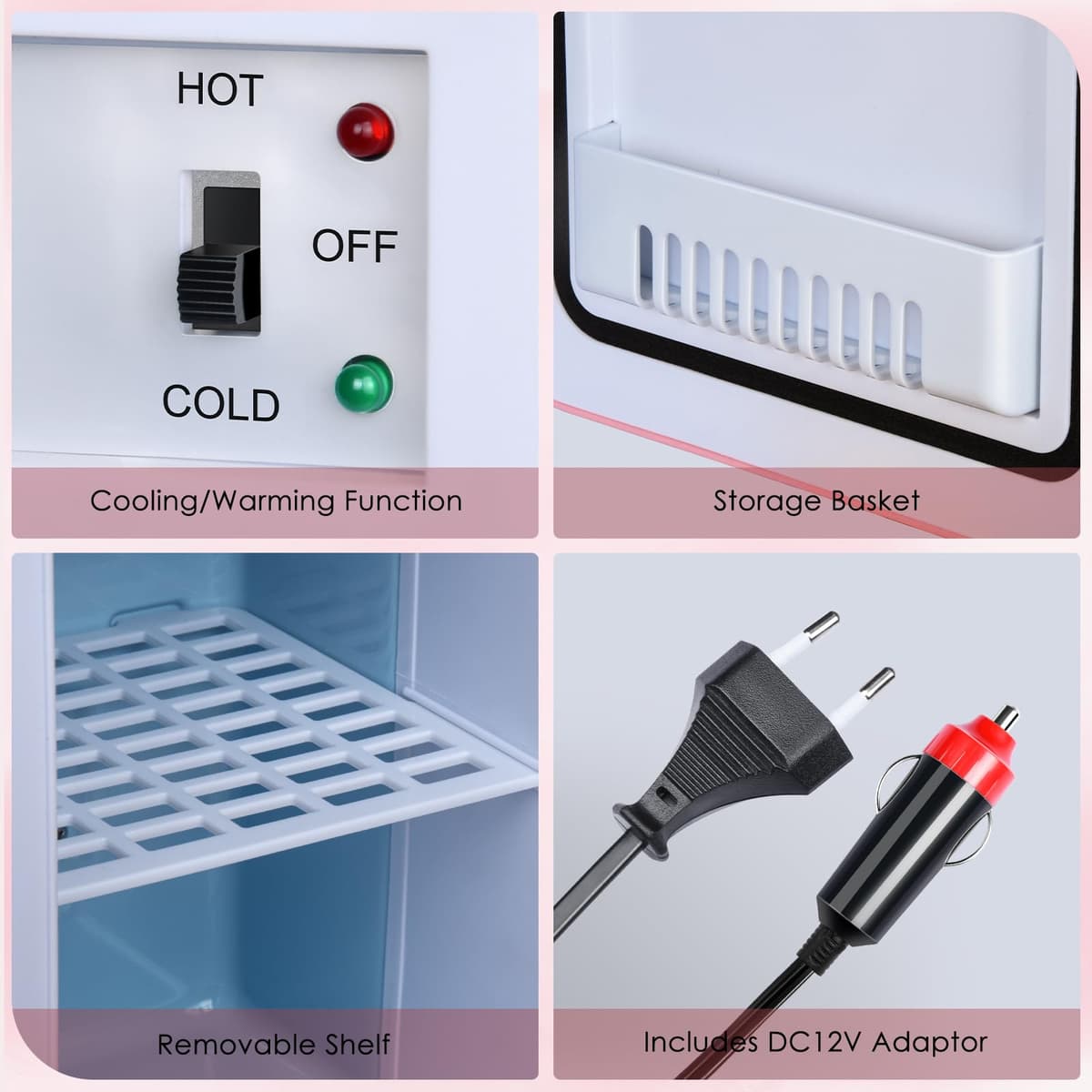 Astarama Nevera Pequeña,6 Litros/8 Latas, 220V AC/12V DC, Enfriador y Calentador Termoeléctrico, Mini Nevera Compatible Coche y Caravanas.Mini Frigorifico Para Bebidas, Cosméticos. (Rosa) — view 3