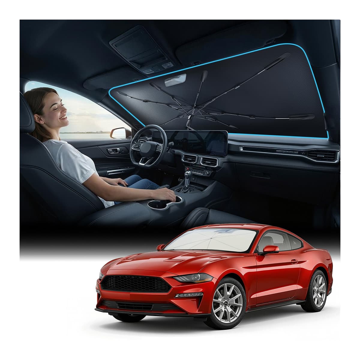 [Upgraded] Nmoiss Windshield Sun Shade Umbrella - [Vinyl Coating Heat Shield] Protect Car from Sun Rays & Heat Damage Keep Cool and Protect Interior, Spring Structure Edge Medium 56" L x 31" W — view 12