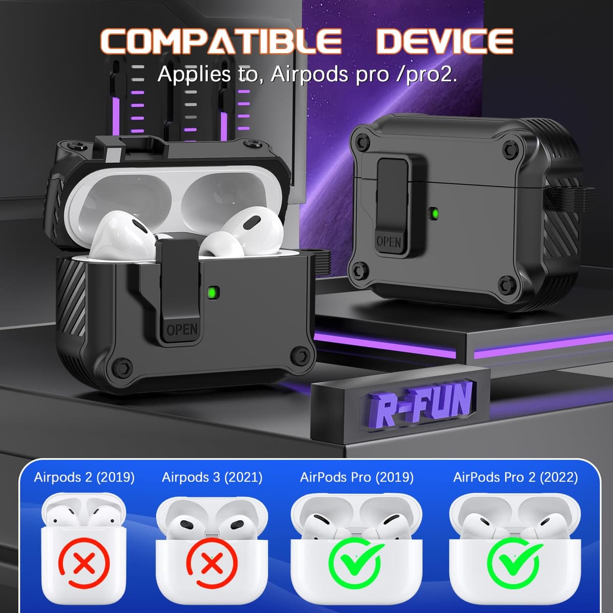 R-fun Compatible con AirPods Pro 2 Gen (Cubierta Auto emergente) con Kit de Limpieza, para Airpods Pro 2/1 Gen (2023/2022/2019), para Estuche Airpods Pro (USB-C/Lightning),Negro — view 5