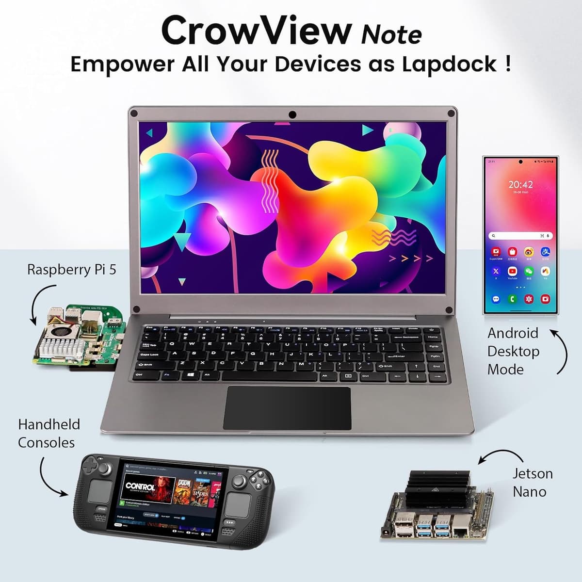Portable Monitor with Keyboard, 15.6 Inch Lapdock Display with 6000mah Built-in Battery,CrowView Note 1080P FHD USB C Monitors Compatible with RPi5, PC, Phone, Mac, Game Console — view 2